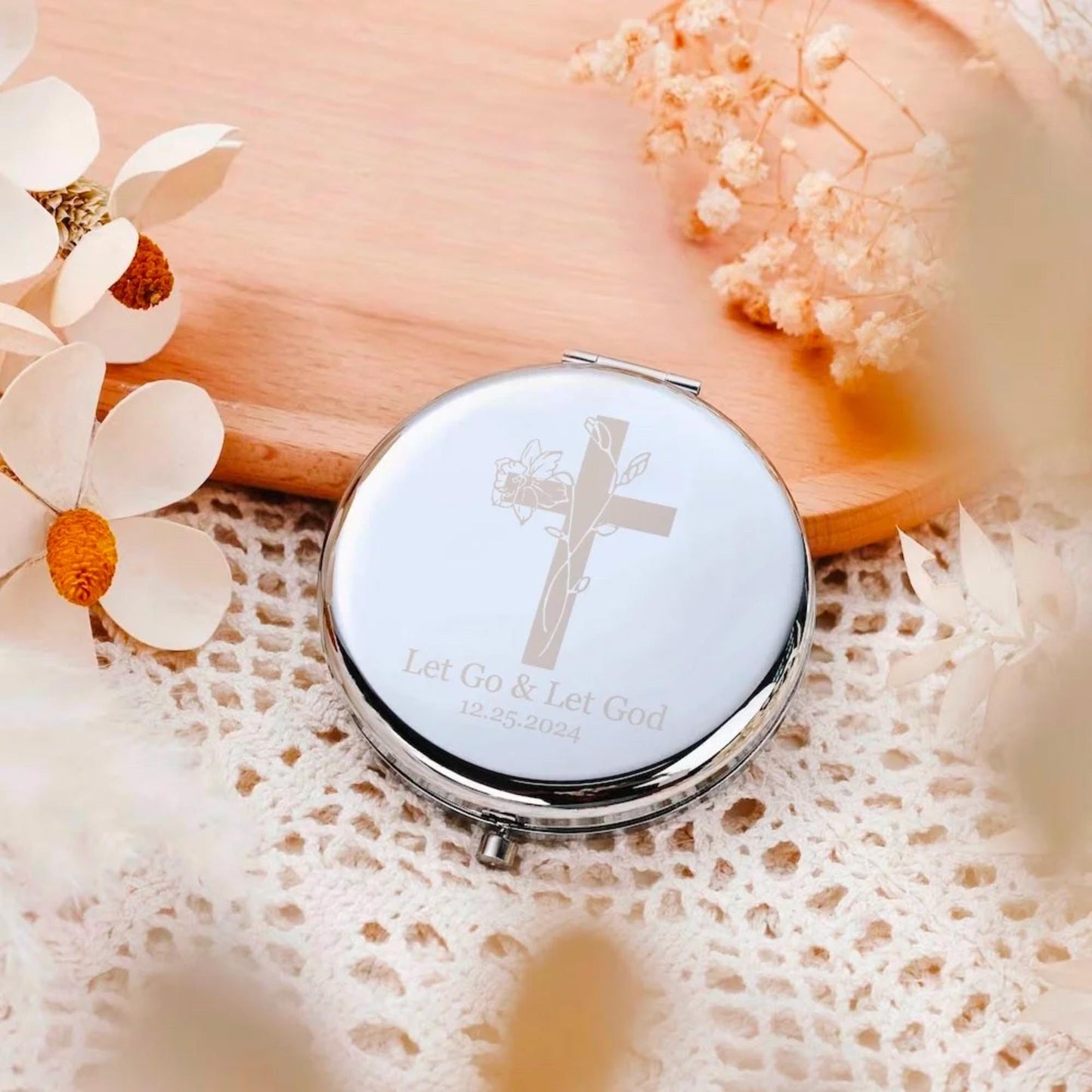 Personalized Cross Birth Flower Makeup Mirrors Set of 2