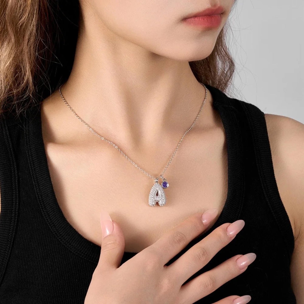 3D Blasen-Zirkonia-Anfangskette mit Geburtsstein | Personalisierter Pave-Buchstabe aus Sterlingsilber 925 | Einzigartiges Geschenk für Frauen & Mädchen