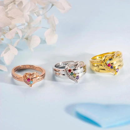 Custom Family Names Heart Ring with 1-8 Birthstones