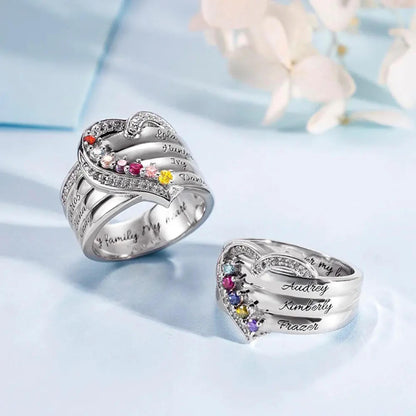 Custom Family Names Heart Ring with 1-8 Birthstones
