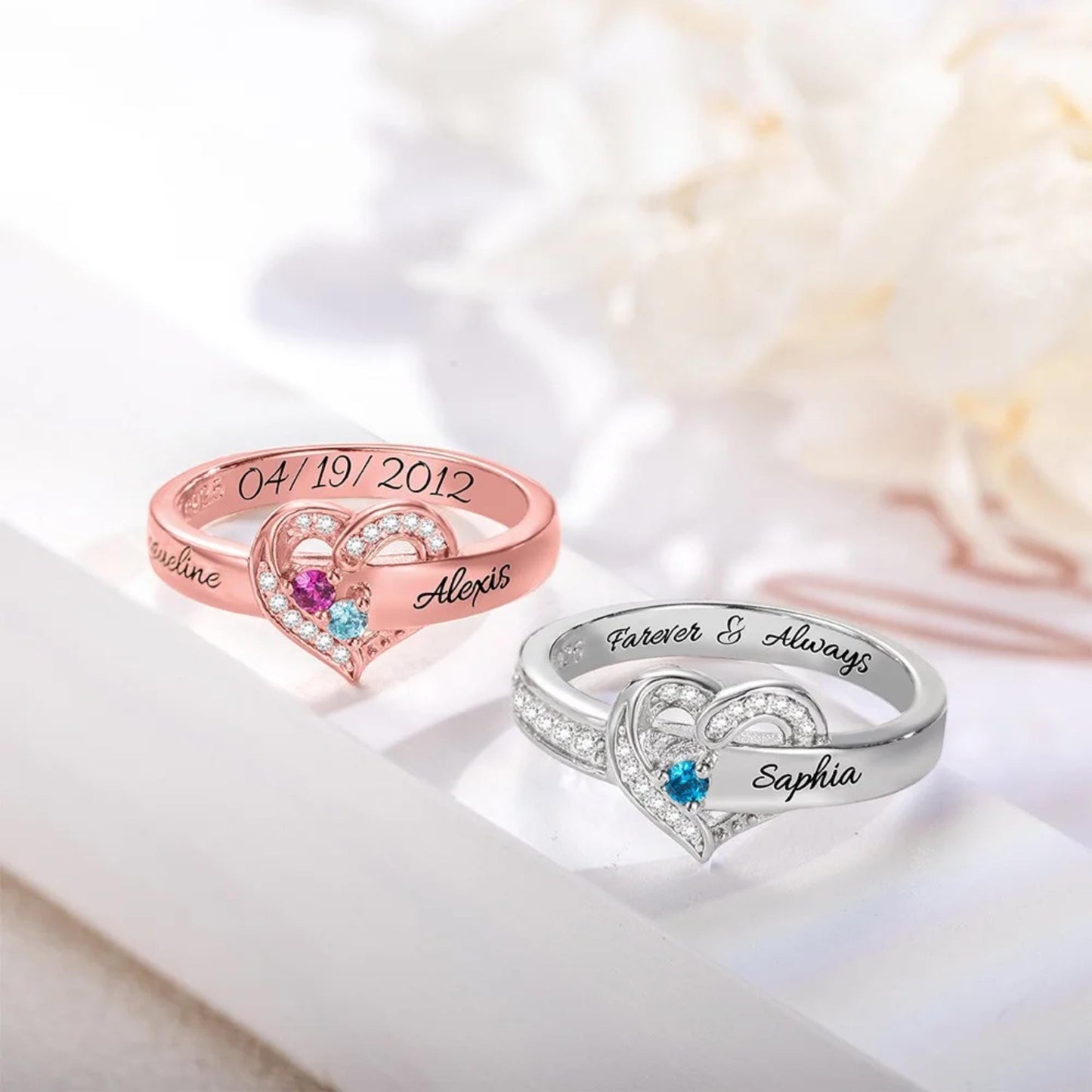 Custom Family Names Heart Ring with 1-8 Birthstones