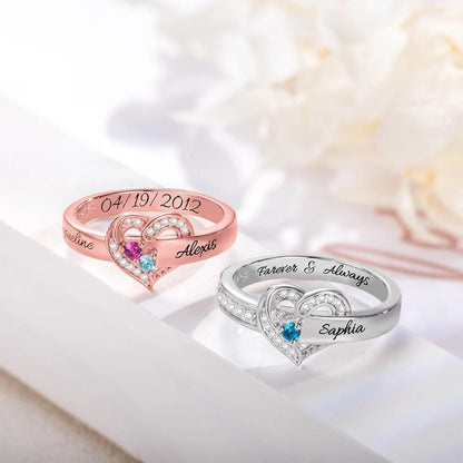 Custom Family Names Heart Ring with 1-8 Birthstones