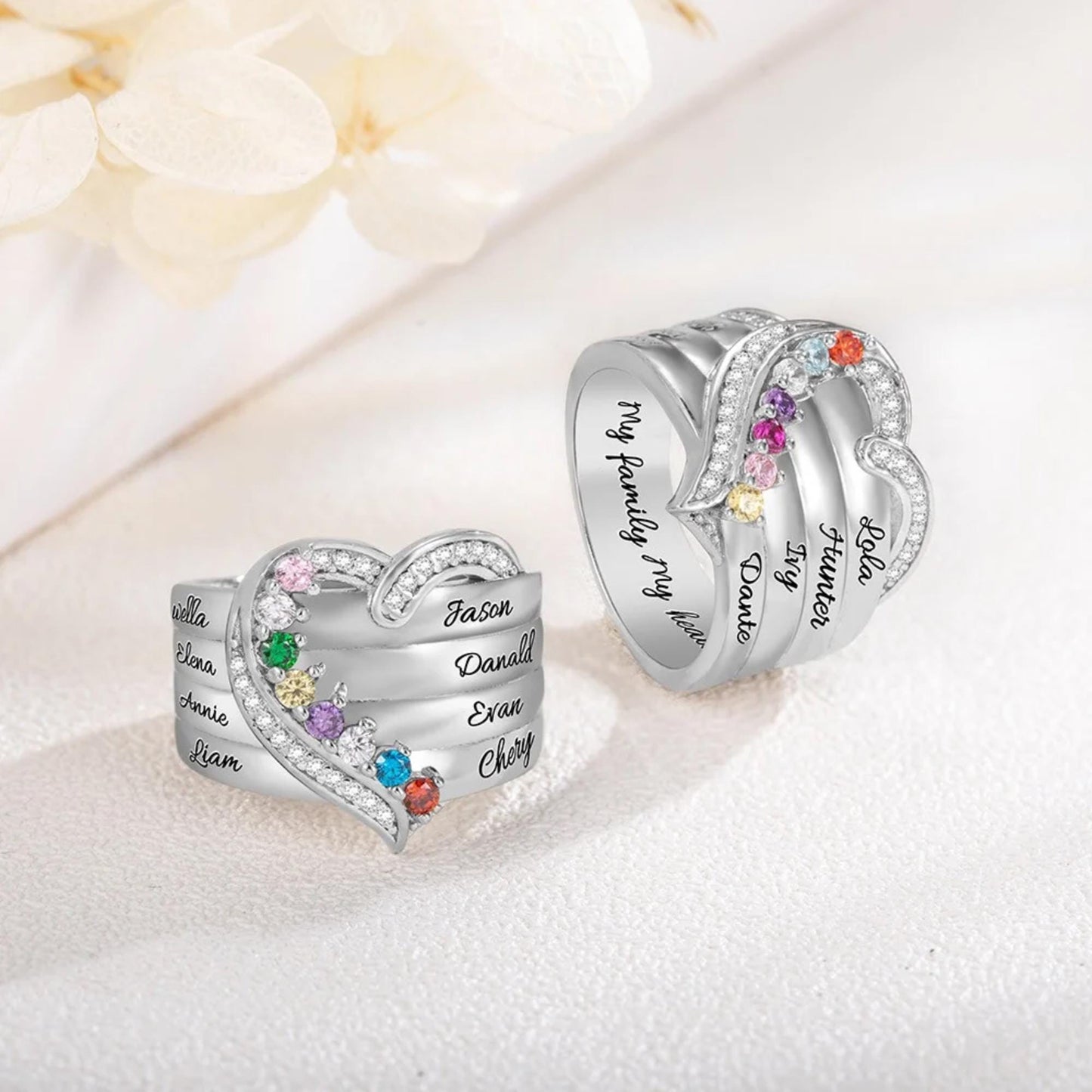 Custom Family Names Heart Ring with 1-8 Birthstones