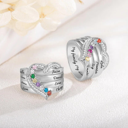 Custom Family Names Heart Ring with 1-8 Birthstones