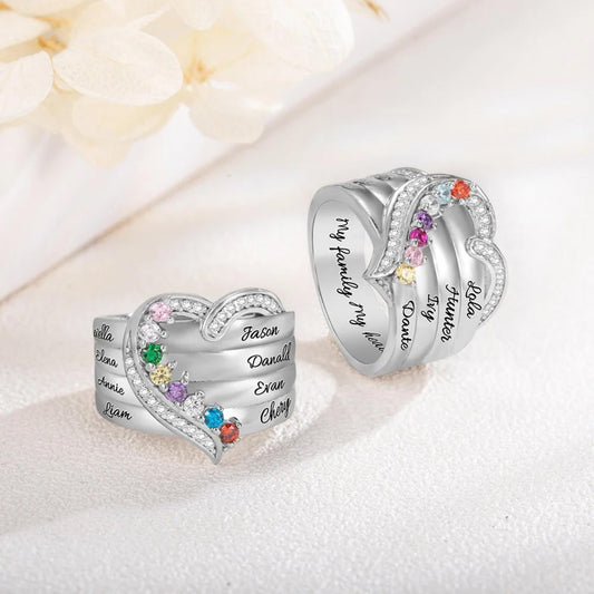 Custom Family Names Heart Ring with 1-8 Birthstones