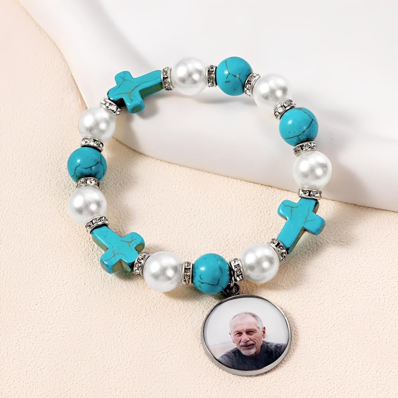 Custom Photo Cross Beaded Bracelet with Angel Wings