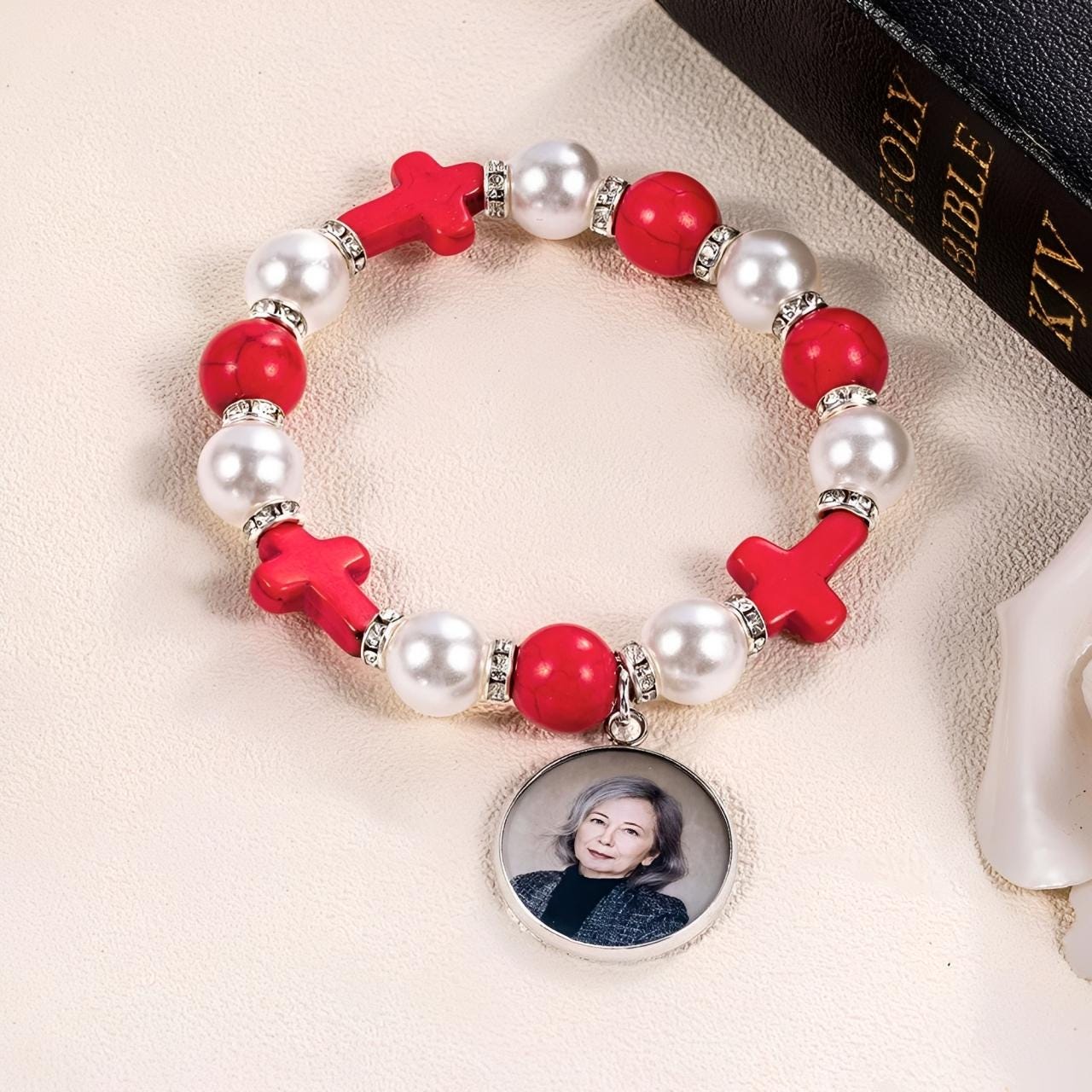 Custom Photo Cross Beaded Bracelet with Angel Wings