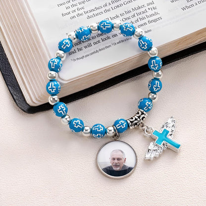 Custom Photo Cross Beaded Bracelet with Angel Wings