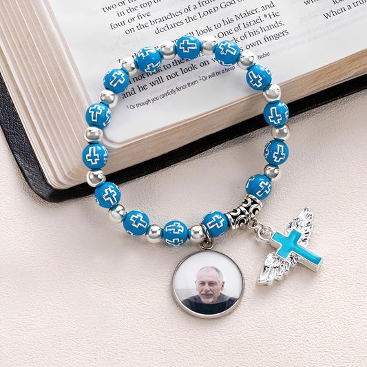 Custom Photo Cross Beaded Bracelet with Angel Wings