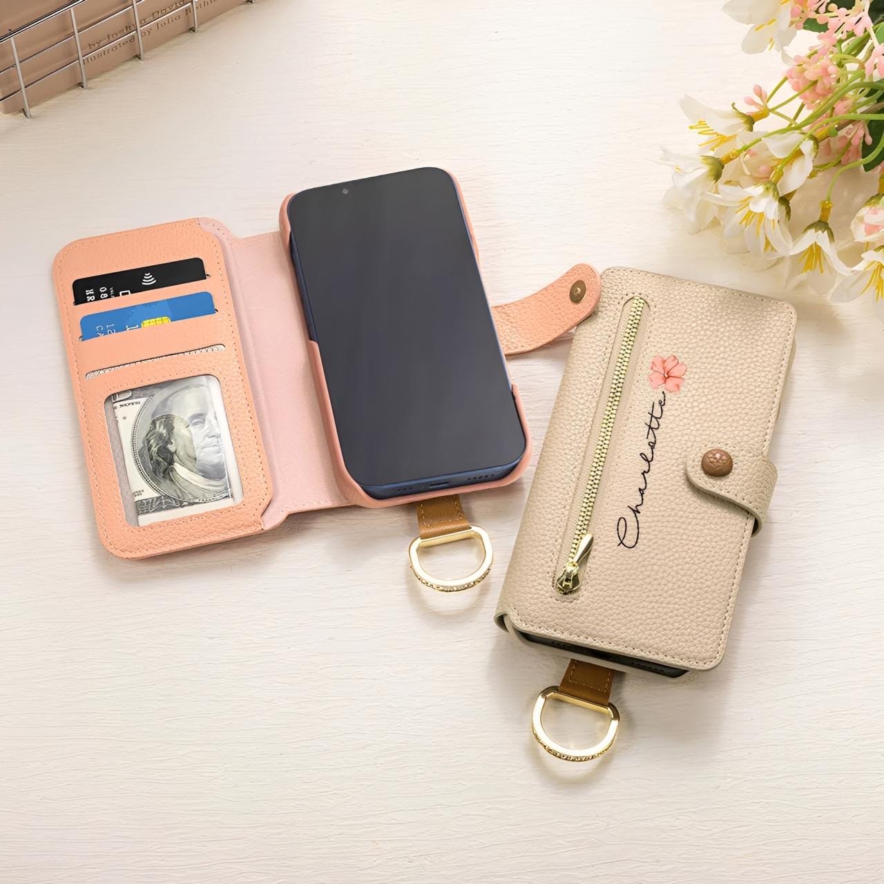 Custom Name Birth Flower Vegan Leather Flip Phone Case