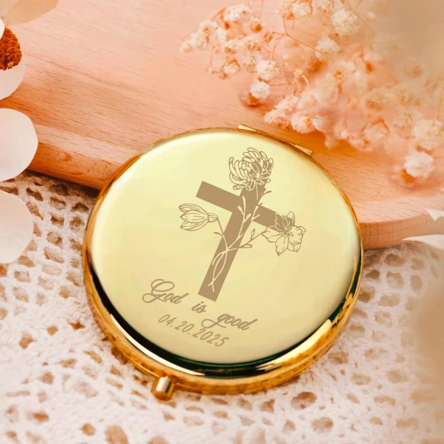 Personalized Cross Birth Flower Makeup Mirrors Set of 2
