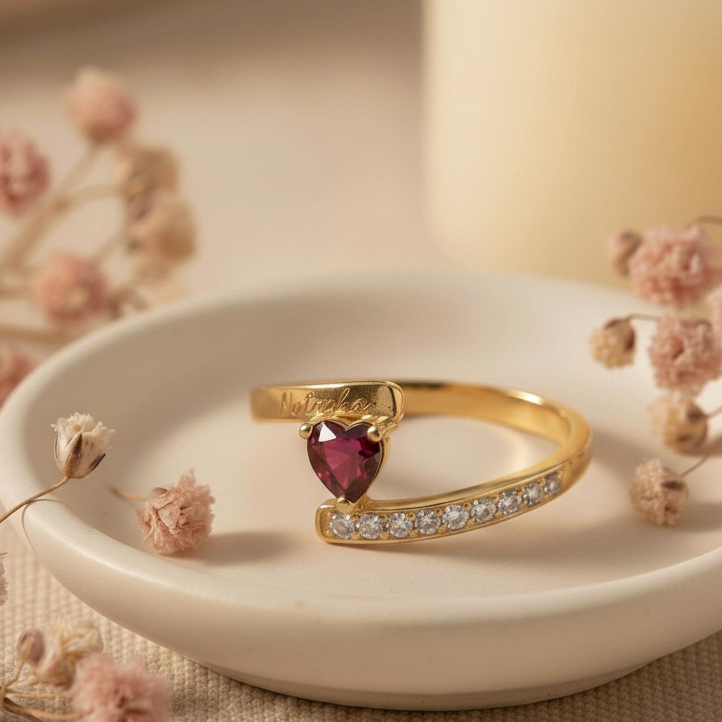 Custom Heart Birthstone Ring with Name