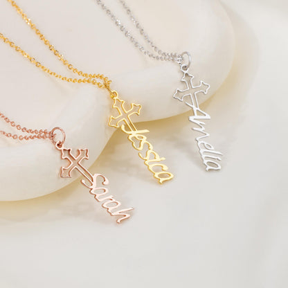 Custom Dainty Cross and Name Necklace