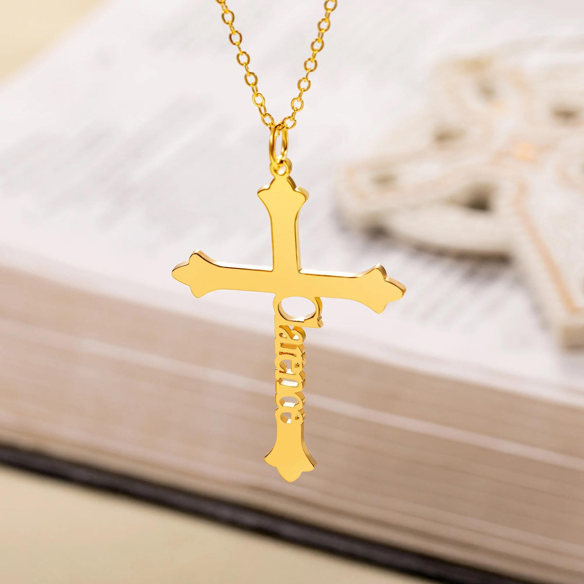 Old English Cross Necklace with Side Name