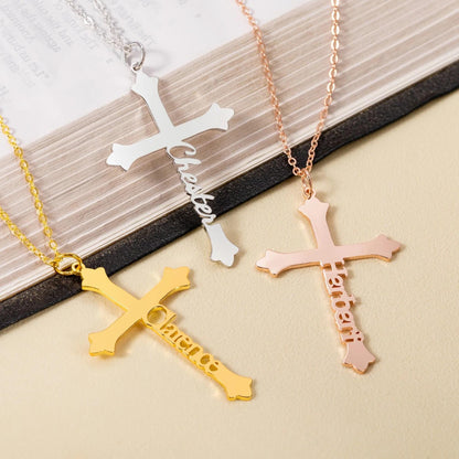 Old English Cross Necklace with Side Name
