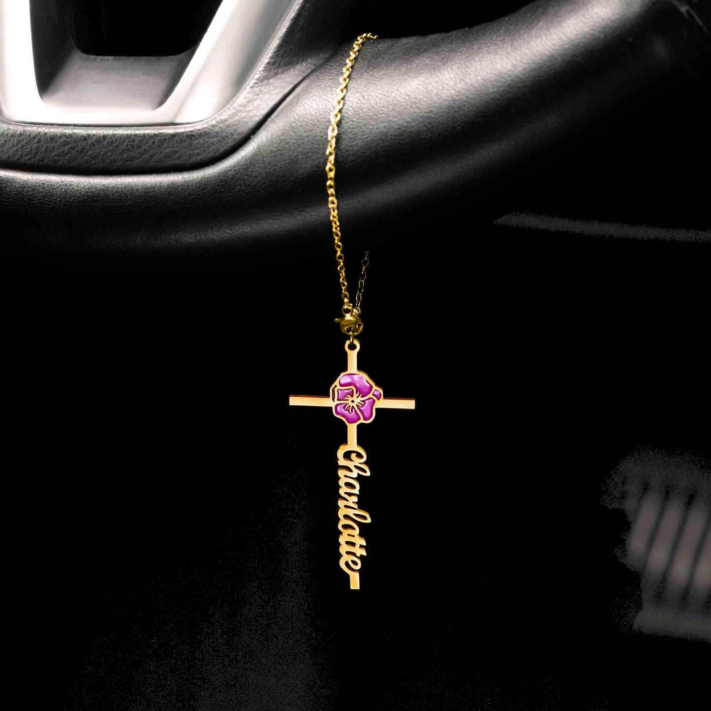 Custom Name & Birth Flower Cross Car Charm