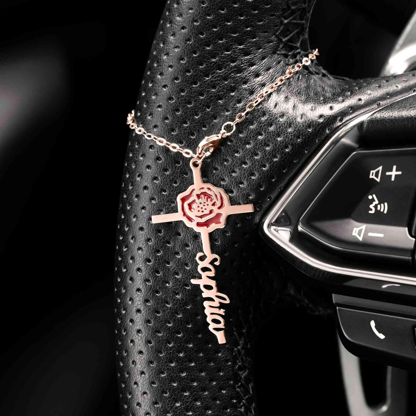 Custom Name & Birth Flower Cross Car Charm