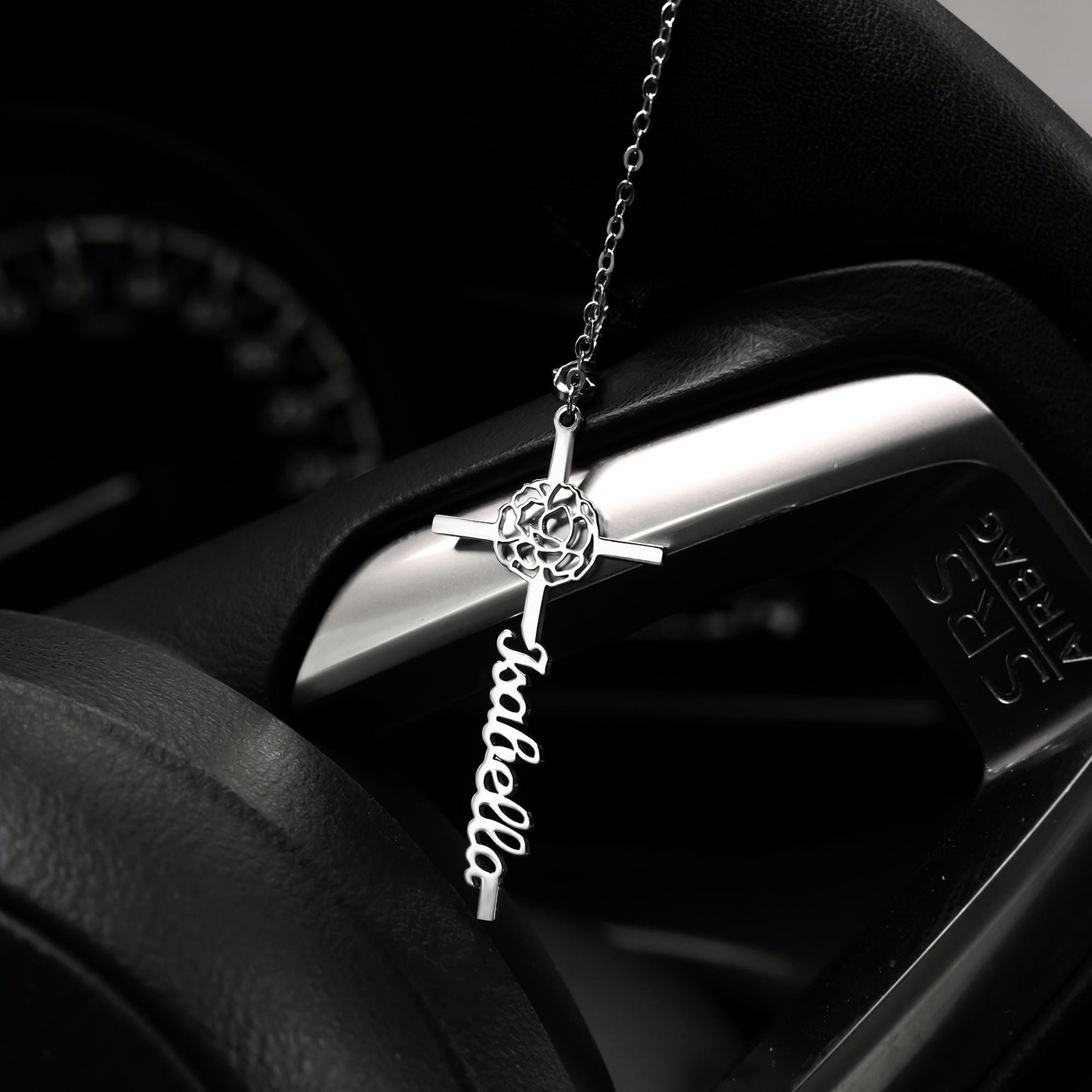 Custom Name & Birth Flower Cross Car Charm