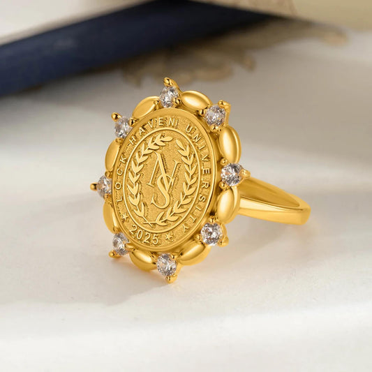 Personalized Initials Graduation Signet Ring with Birthstone