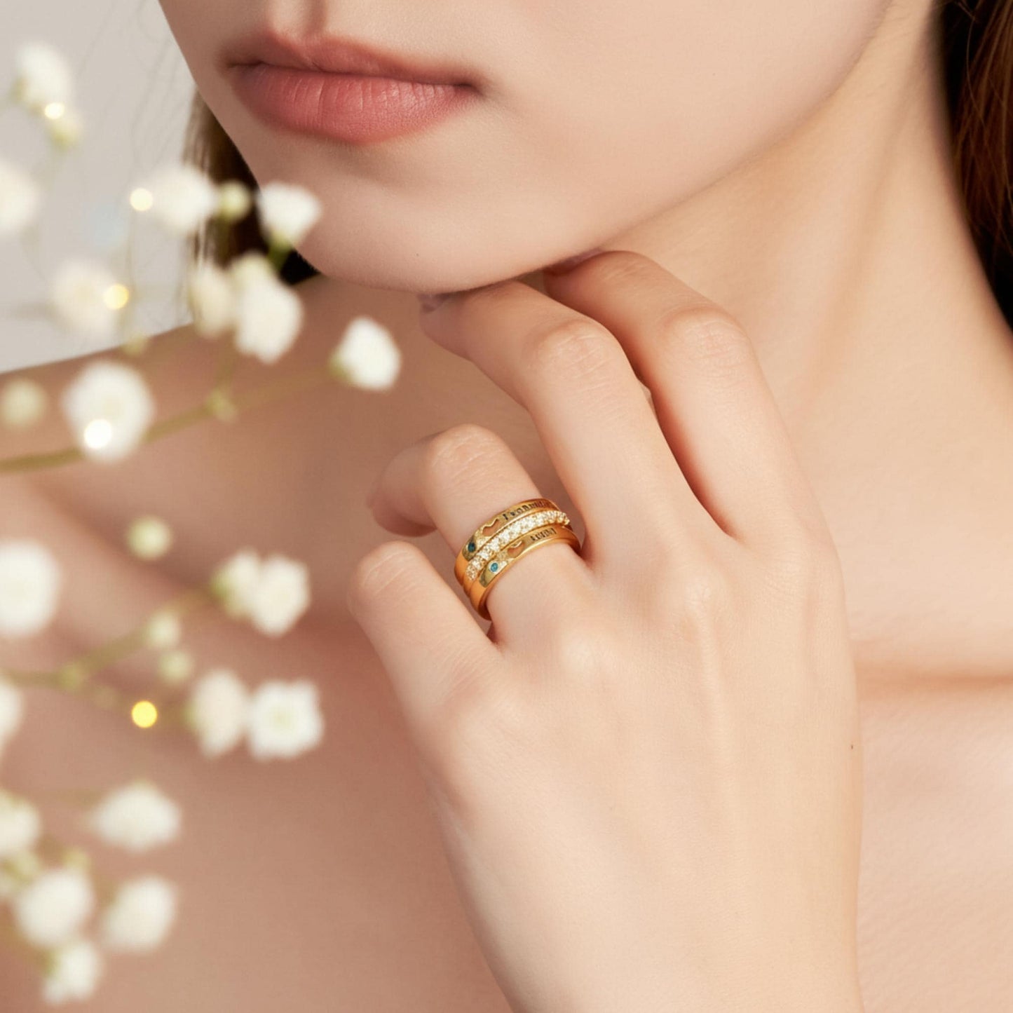 Custom Double Baby Name & Birthstone Stacking Ring