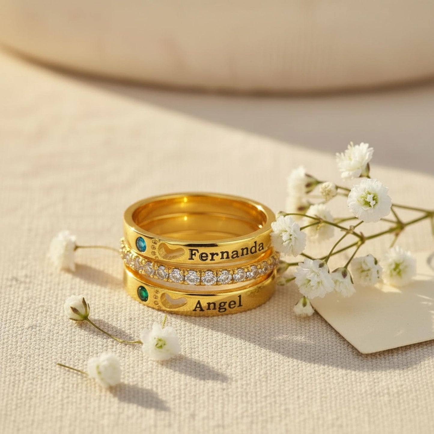 Custom Double Baby Name & Birthstone Stacking Ring