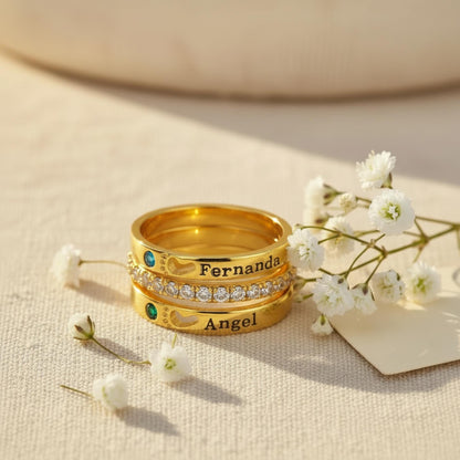Custom Double Baby Name & Birthstone Stacking Ring