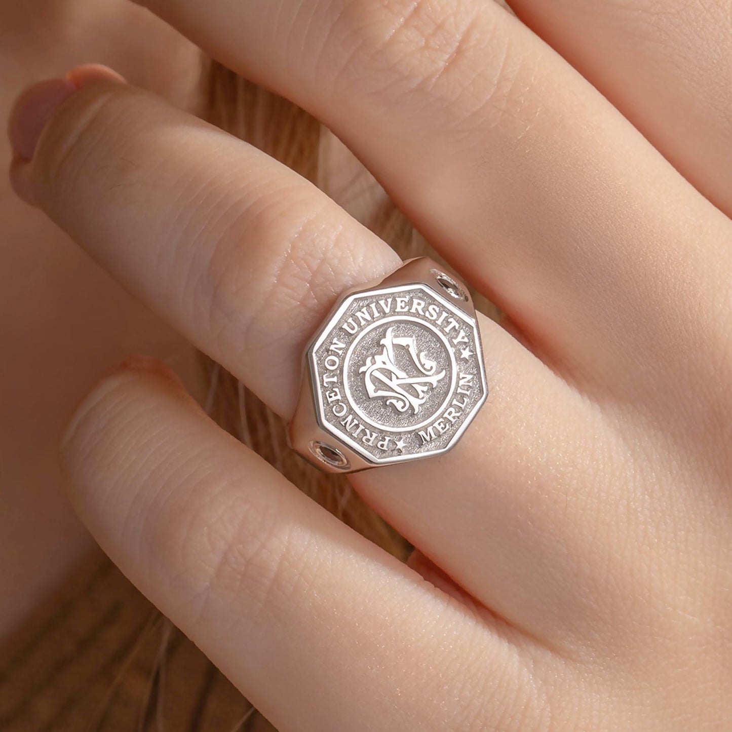 Custom Monogram Initials Graduation Signet Ring with Birthstone