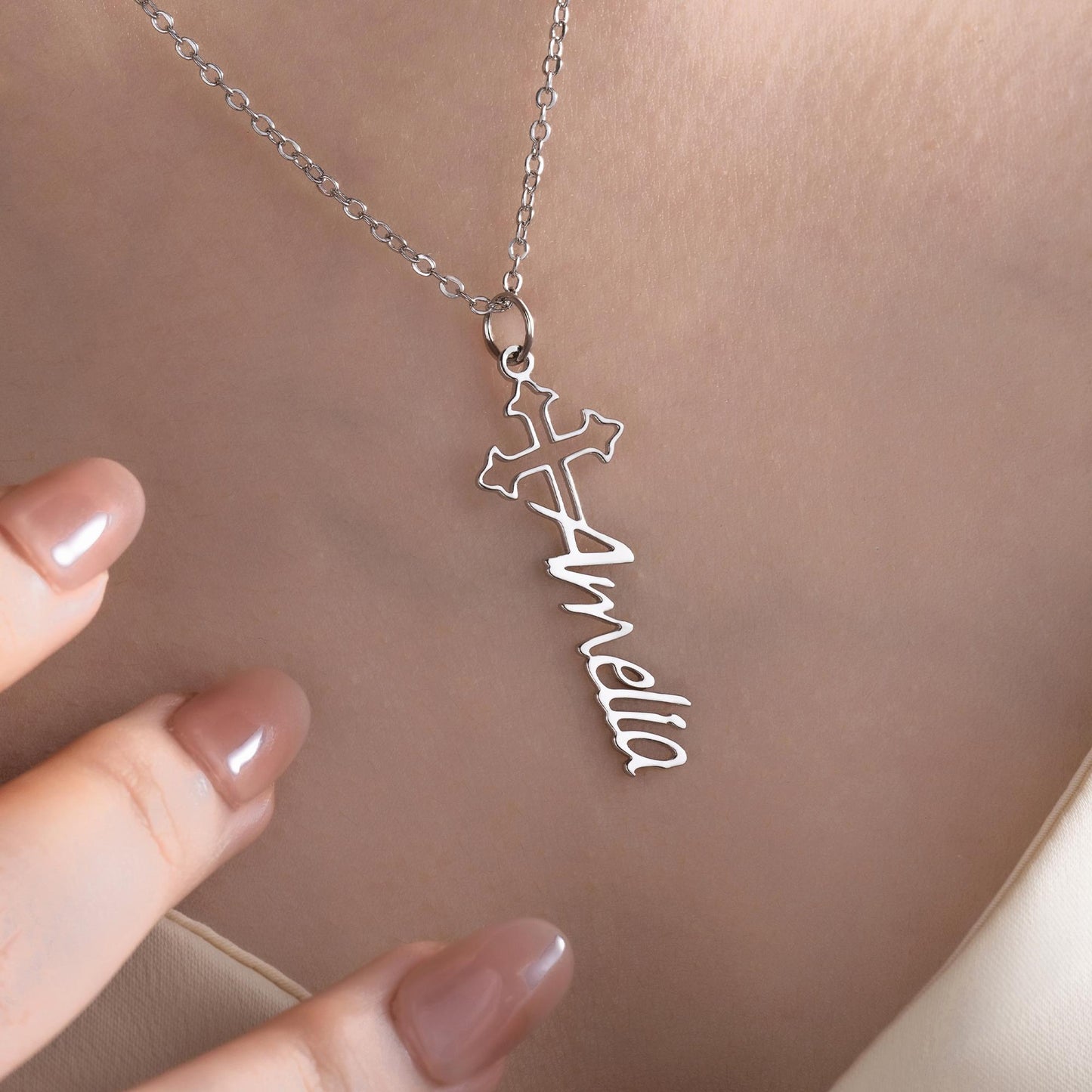 Custom Dainty Cross and Name Necklace