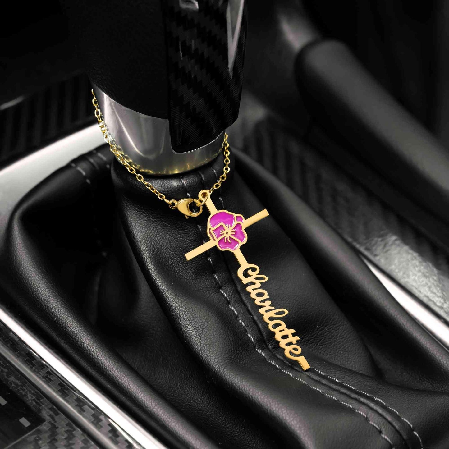 Custom Name & Birth Flower Cross Car Charm
