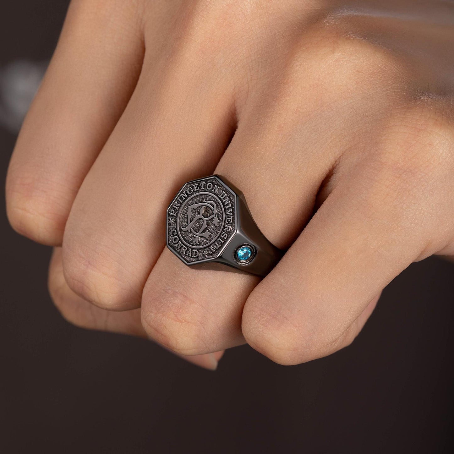 Custom Monogram Initials Graduation Signet Ring with Birthstone