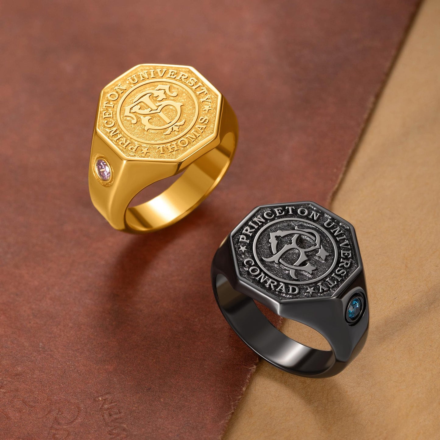 Custom Monogram Initials Graduation Signet Ring with Birthstone