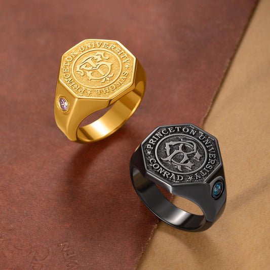Custom Monogram Initials Graduation Signet Ring with Birthstone