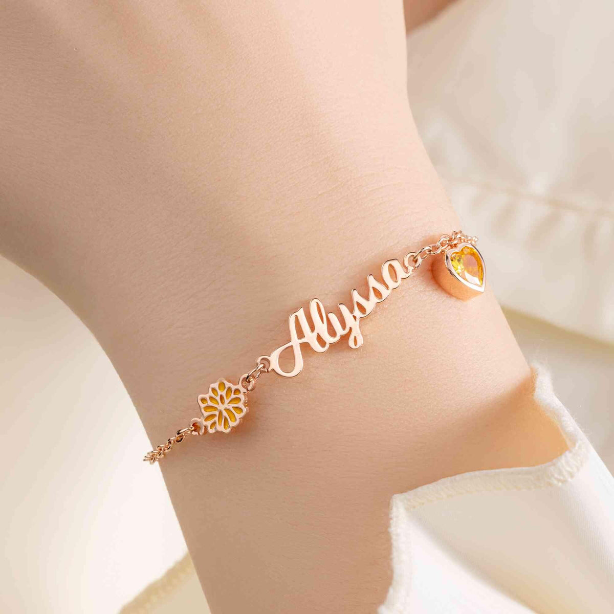 Birth Flower Bracelet with Heart Birthstone & Initial