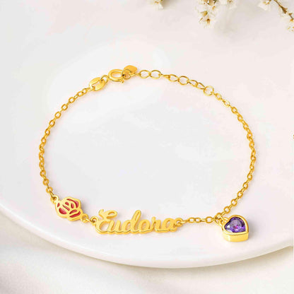 Birth Flower Bracelet with Heart Birthstone & Initial