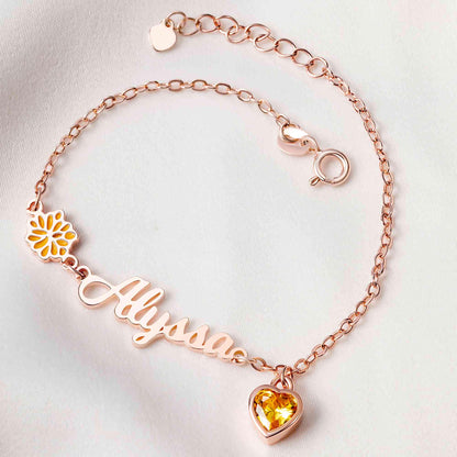 Birth Flower Bracelet with Heart Birthstone & Initial