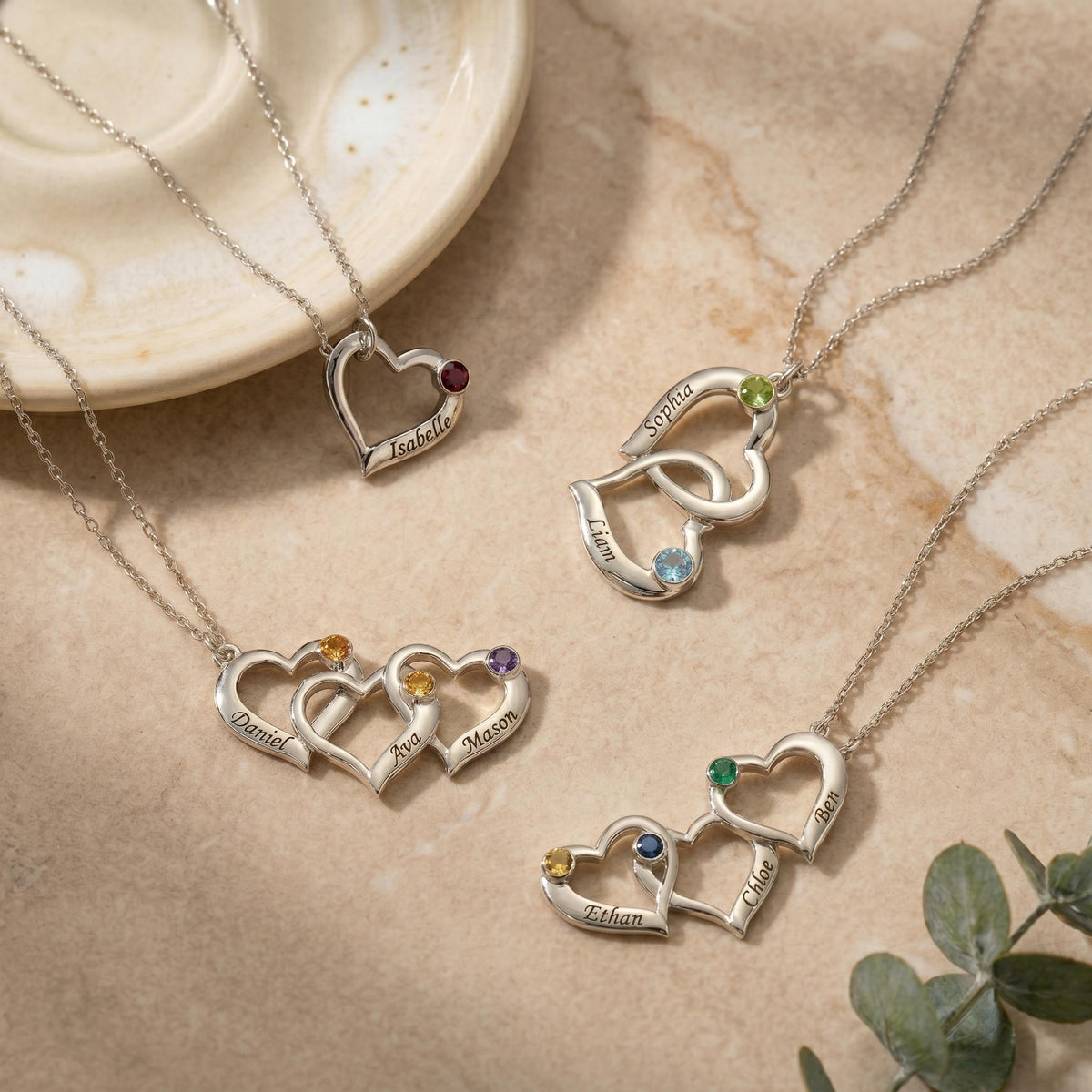 Intertwined Hearts Necklace with Names & Birthstones