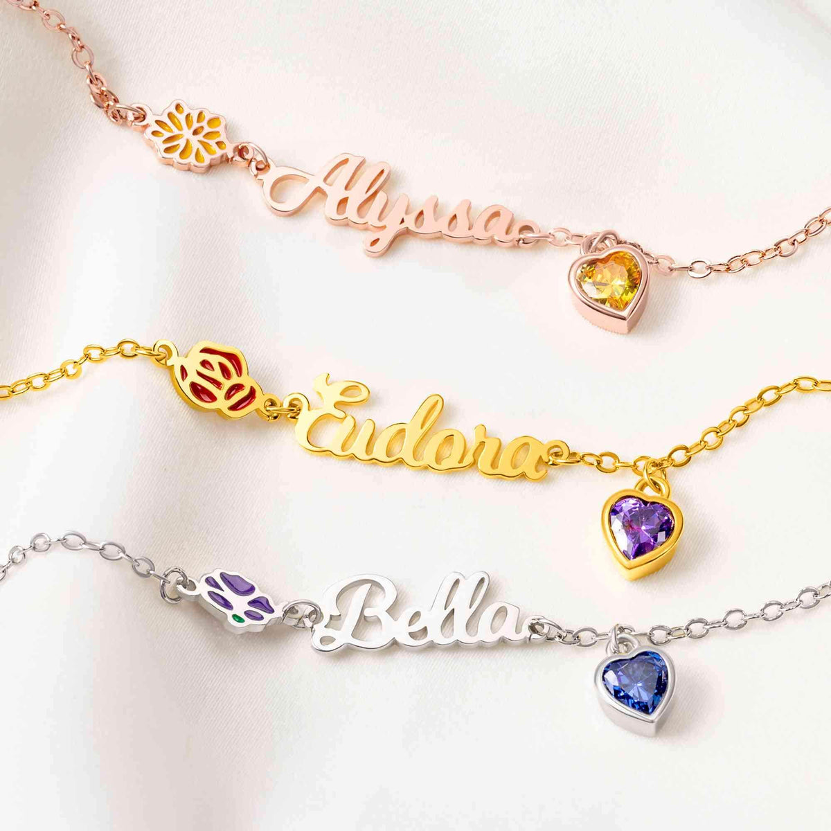Birth Flower Bracelet with Heart Birthstone & Initial