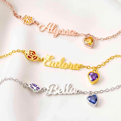 Birth Flower Bracelet with Heart Birthstone & Initial