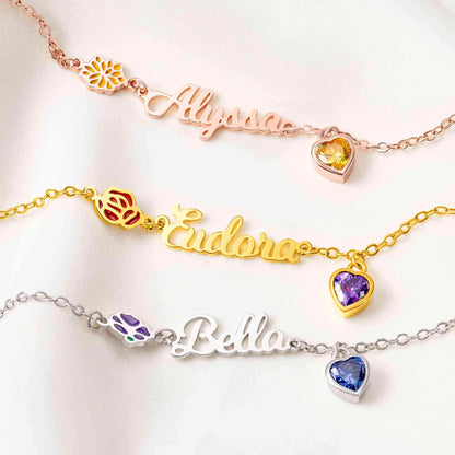 Birth Flower Bracelet with Heart Birthstone & Initial
