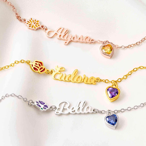 Birth Flower Bracelet with Heart Birthstone & Initial