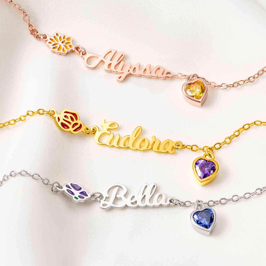 Birth Flower Bracelet with Heart Birthstone & Initial