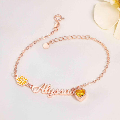 Birth Flower Bracelet with Heart Birthstone & Initial