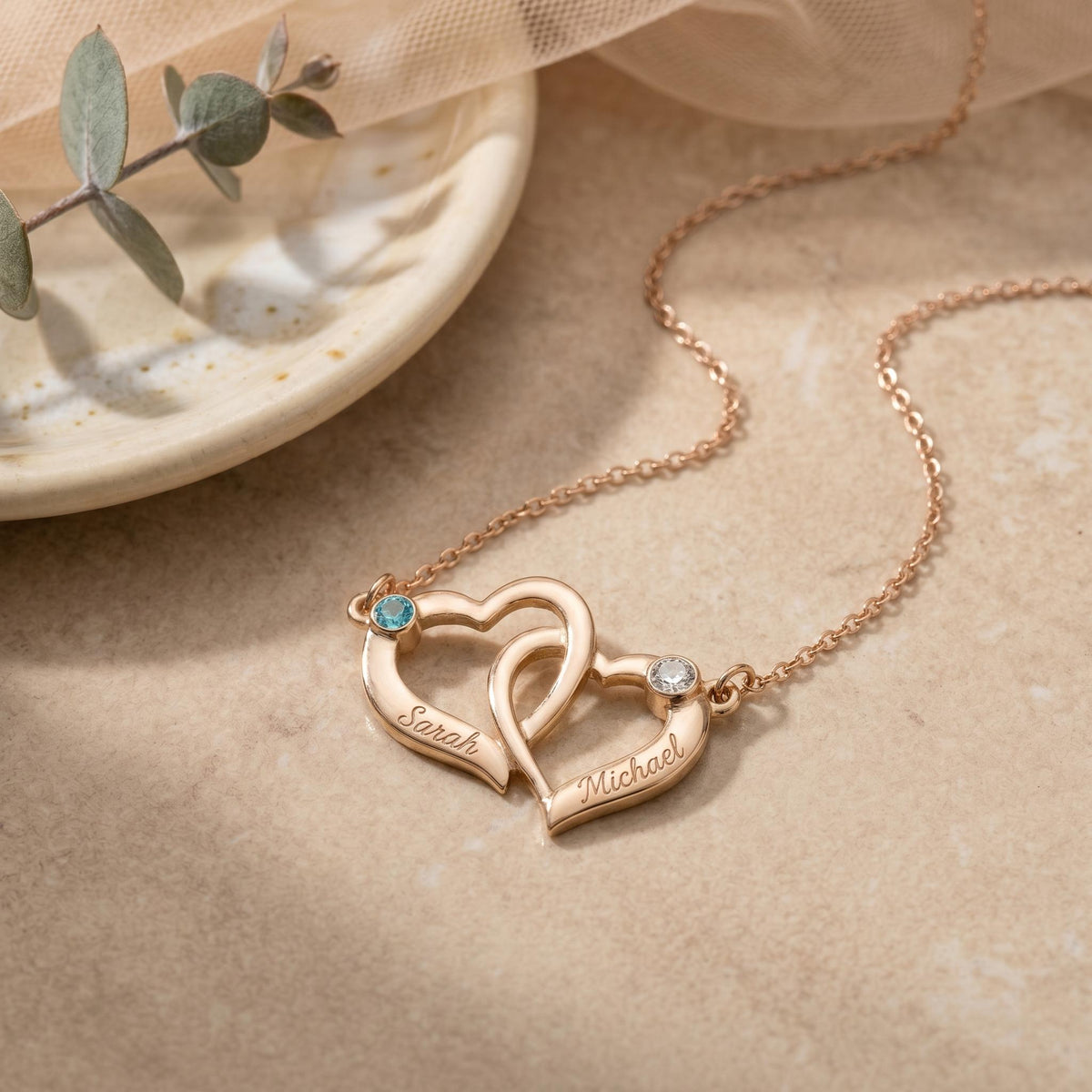 Intertwined Hearts Necklace with Names & Birthstones
