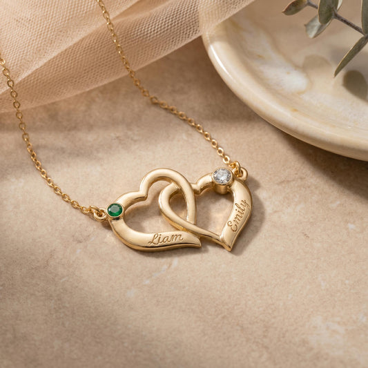 Intertwined Hearts Necklace with Names & Birthstones