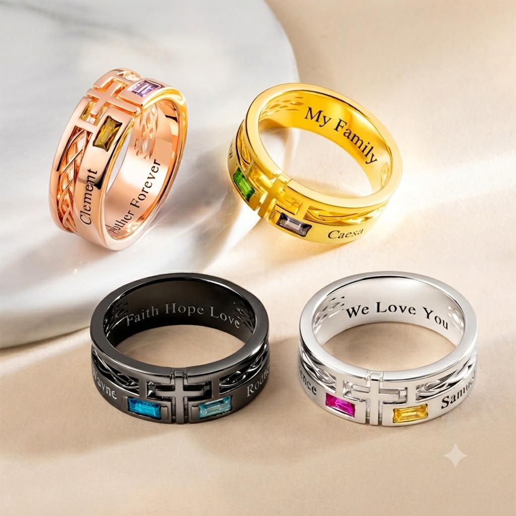 Engraved Cross Ring with Baguette Birthstones