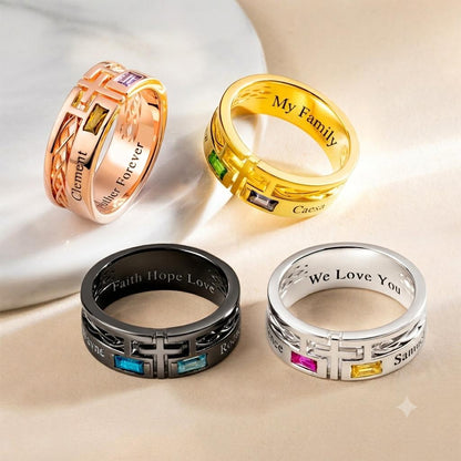 Engraved Cross Ring with Baguette Birthstones