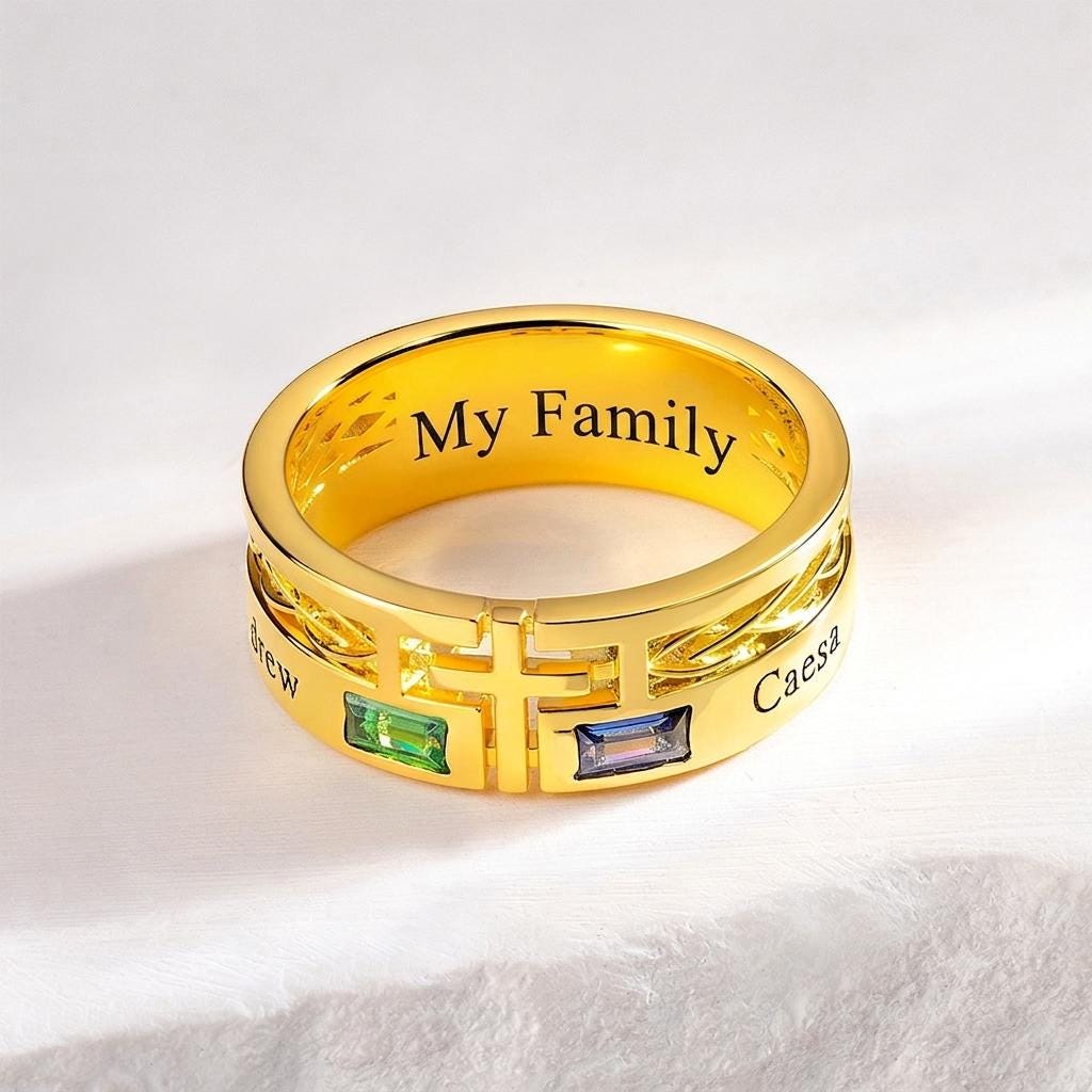 Engraved Cross Ring with Baguette Birthstones
