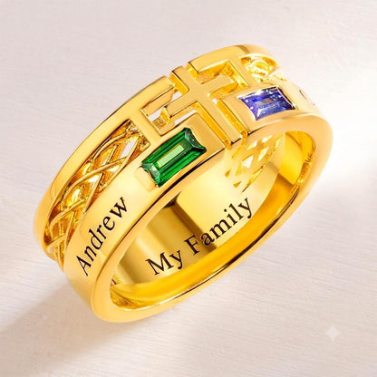 Engraved Cross Ring with Baguette Birthstones