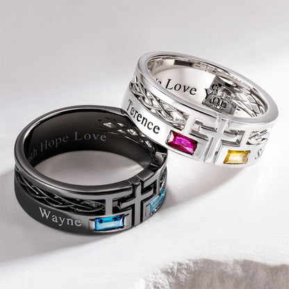 Engraved Cross Ring with Baguette Birthstones