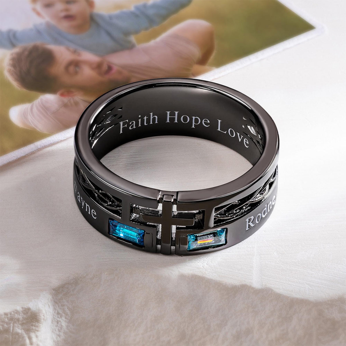 Engraved Cross Ring with Baguette Birthstones